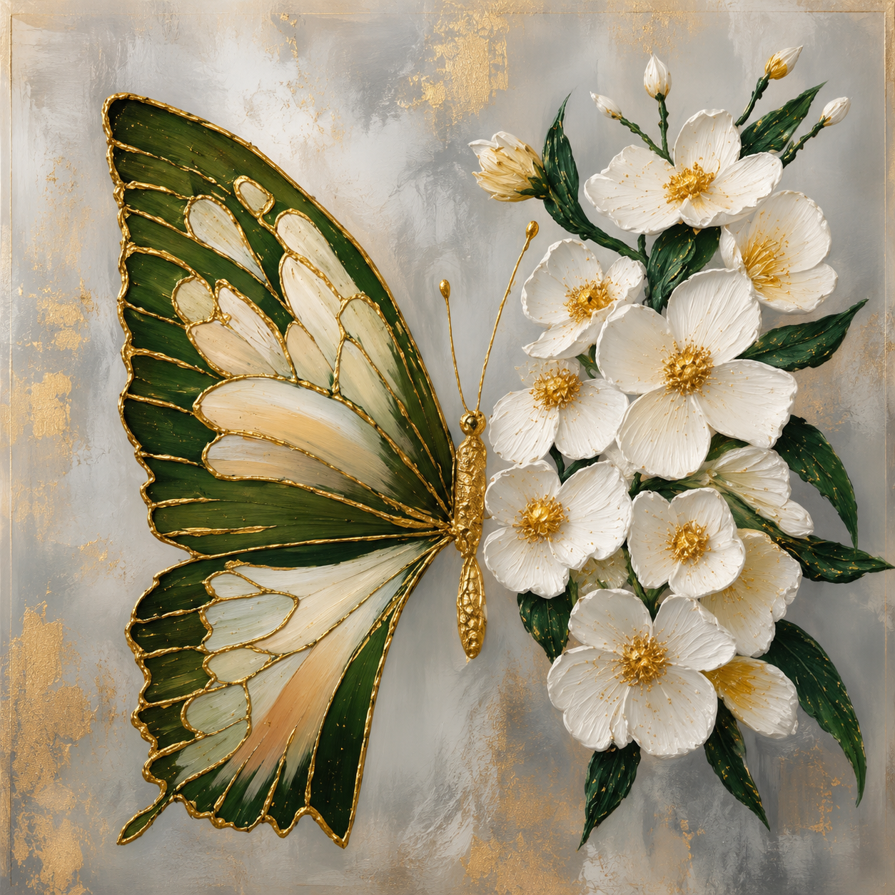 Golden Butterfly & White Blossoms